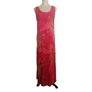 Tropical Batik Pink Red Floral Crinkle Rayon Maxi Dress vacation dress
